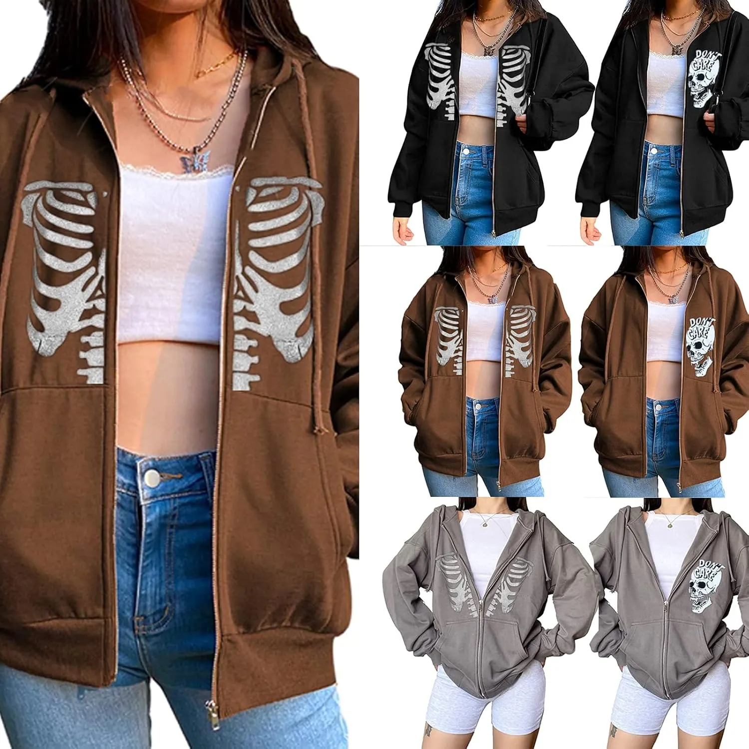 Fanvereka Women's Oversized Zip Up Hoodie Aesthetic Skeleton Print Hooded Sweatshirt Long Sleeve E-Girl Harajuku Jackets Coat