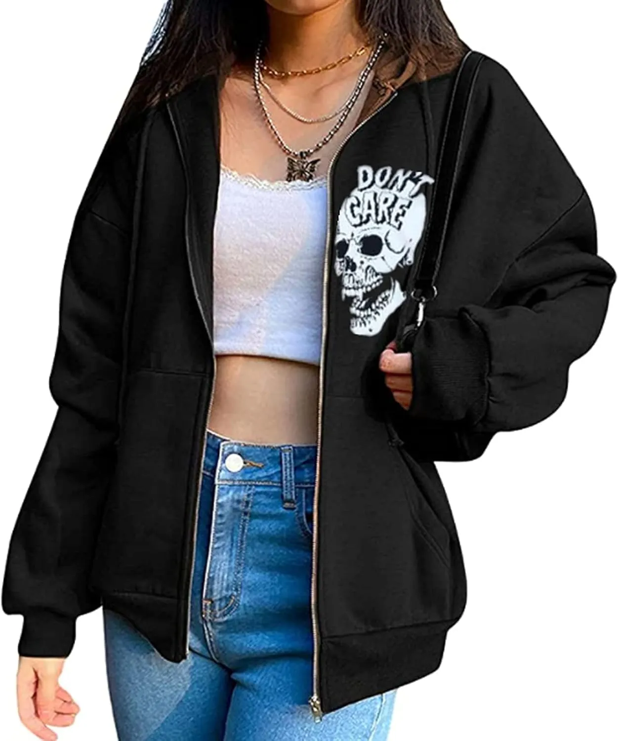 Fanvereka Women's Oversized Zip Up Hoodie Aesthetic Skeleton Print Hooded Sweatshirt Long Sleeve E-Girl Harajuku Jackets Coat