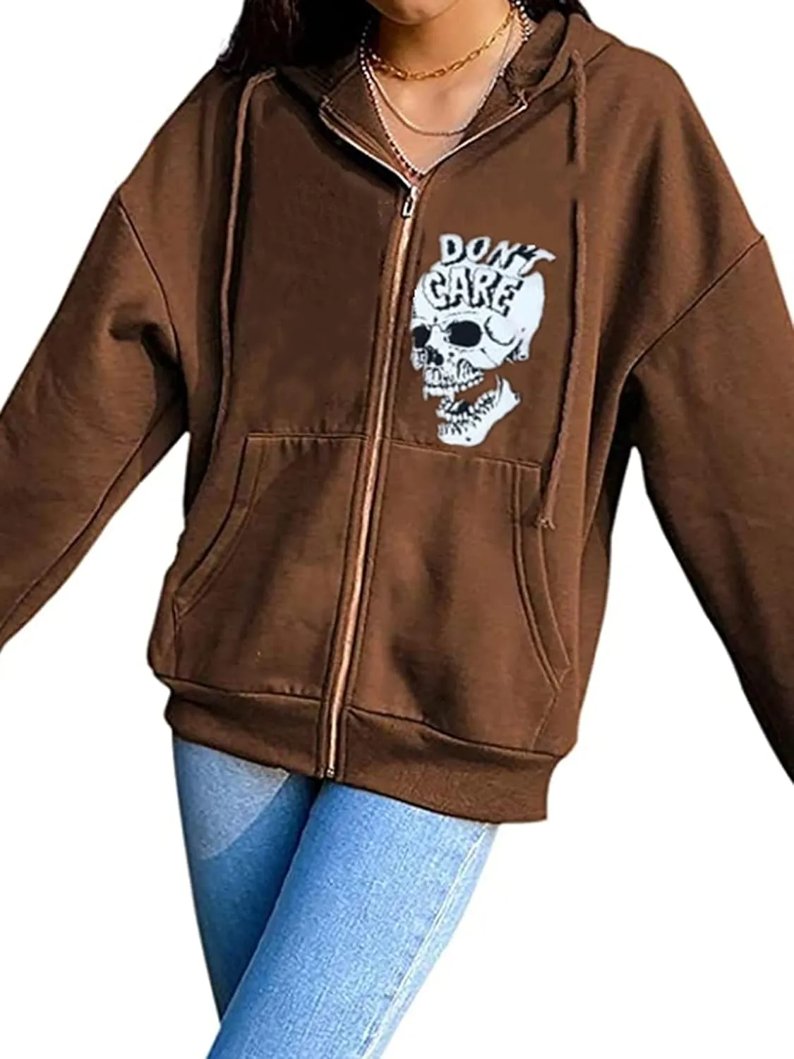 Fanvereka Women's Oversized Zip Up Hoodie Aesthetic Skeleton Print Hooded Sweatshirt Long Sleeve E-Girl Harajuku Jackets Coat