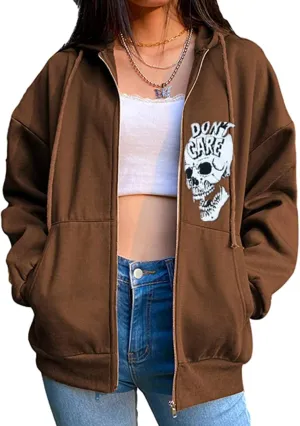 Fanvereka Women's Oversized Zip Up Hoodie Aesthetic Skeleton Print Hooded Sweatshirt Long Sleeve E-Girl Harajuku Jackets Coat