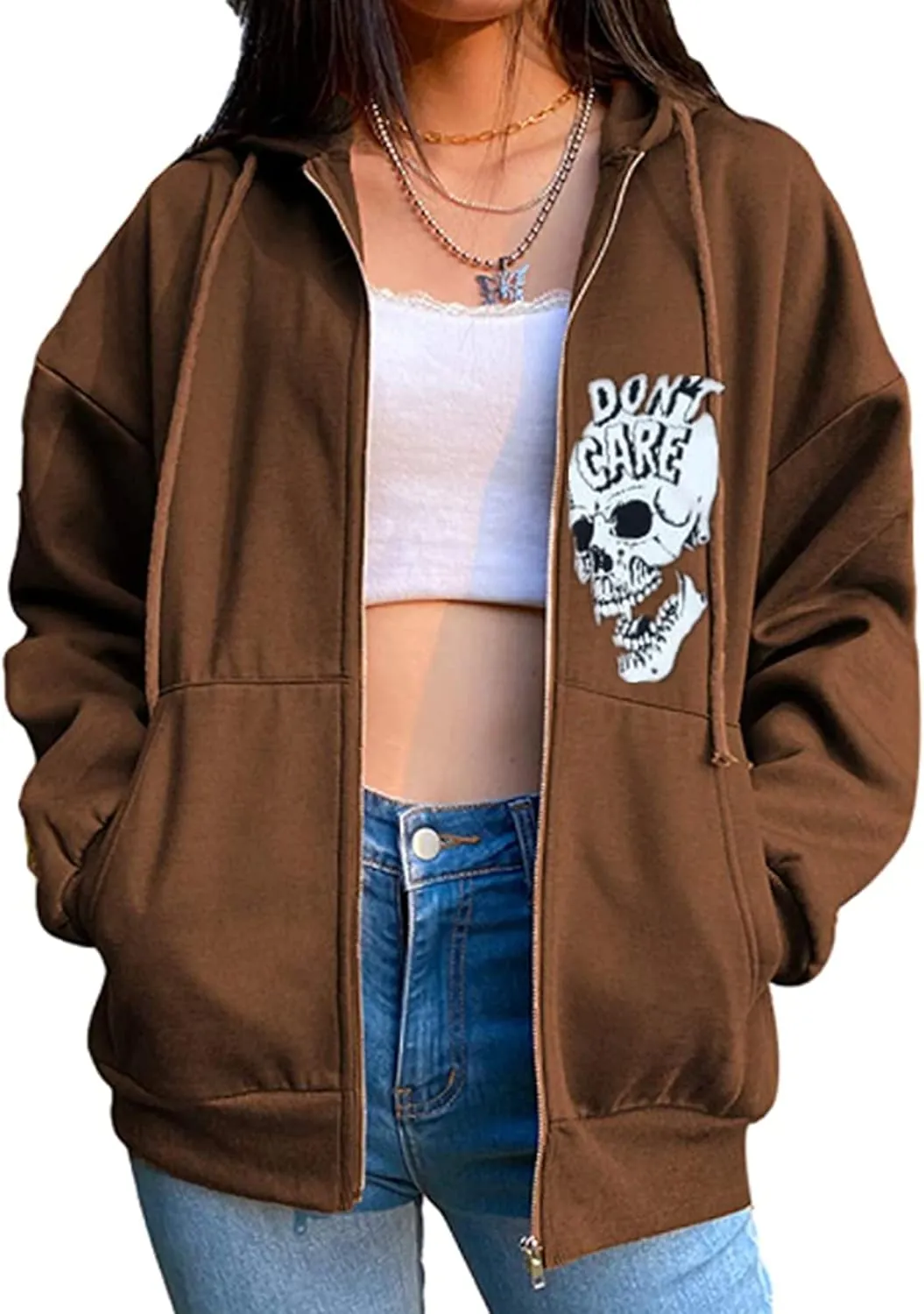 Fanvereka Women's Oversized Zip Up Hoodie Aesthetic Skeleton Print Hooded Sweatshirt Long Sleeve E-Girl Harajuku Jackets Coat