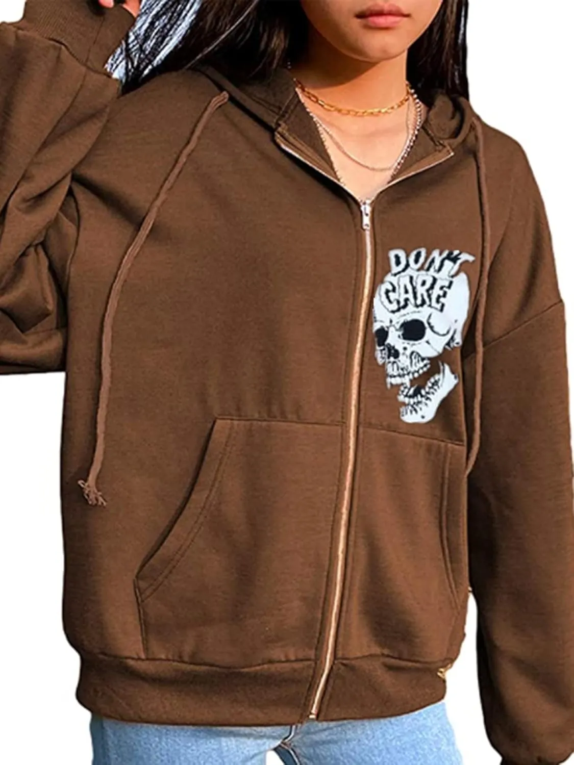 Fanvereka Women's Oversized Zip Up Hoodie Aesthetic Skeleton Print Hooded Sweatshirt Long Sleeve E-Girl Harajuku Jackets Coat