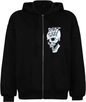 Fanvereka Women's Oversized Zip Up Hoodie Aesthetic Skeleton Print Hooded Sweatshirt Long Sleeve E-Girl Harajuku Jackets Coat