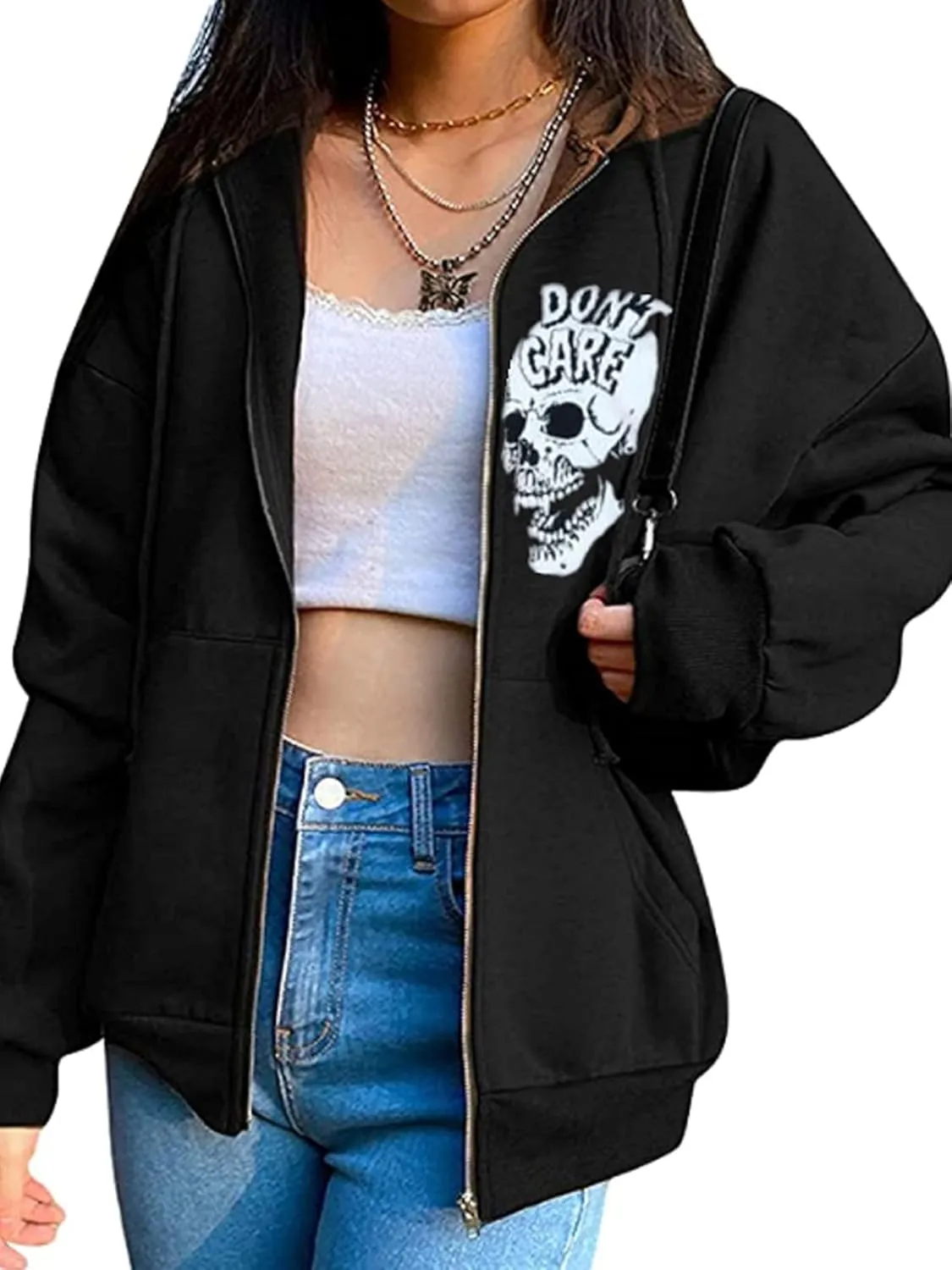 Fanvereka Women's Oversized Zip Up Hoodie Aesthetic Skeleton Print Hooded Sweatshirt Long Sleeve E-Girl Harajuku Jackets Coat