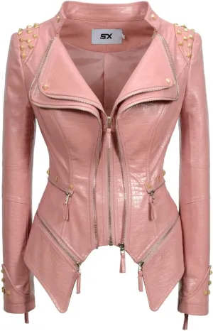 Fashion SX Women's Punk Studded Faux-alligator Print Pattern PU Leather Jackets Zipper Moto Biker Coat