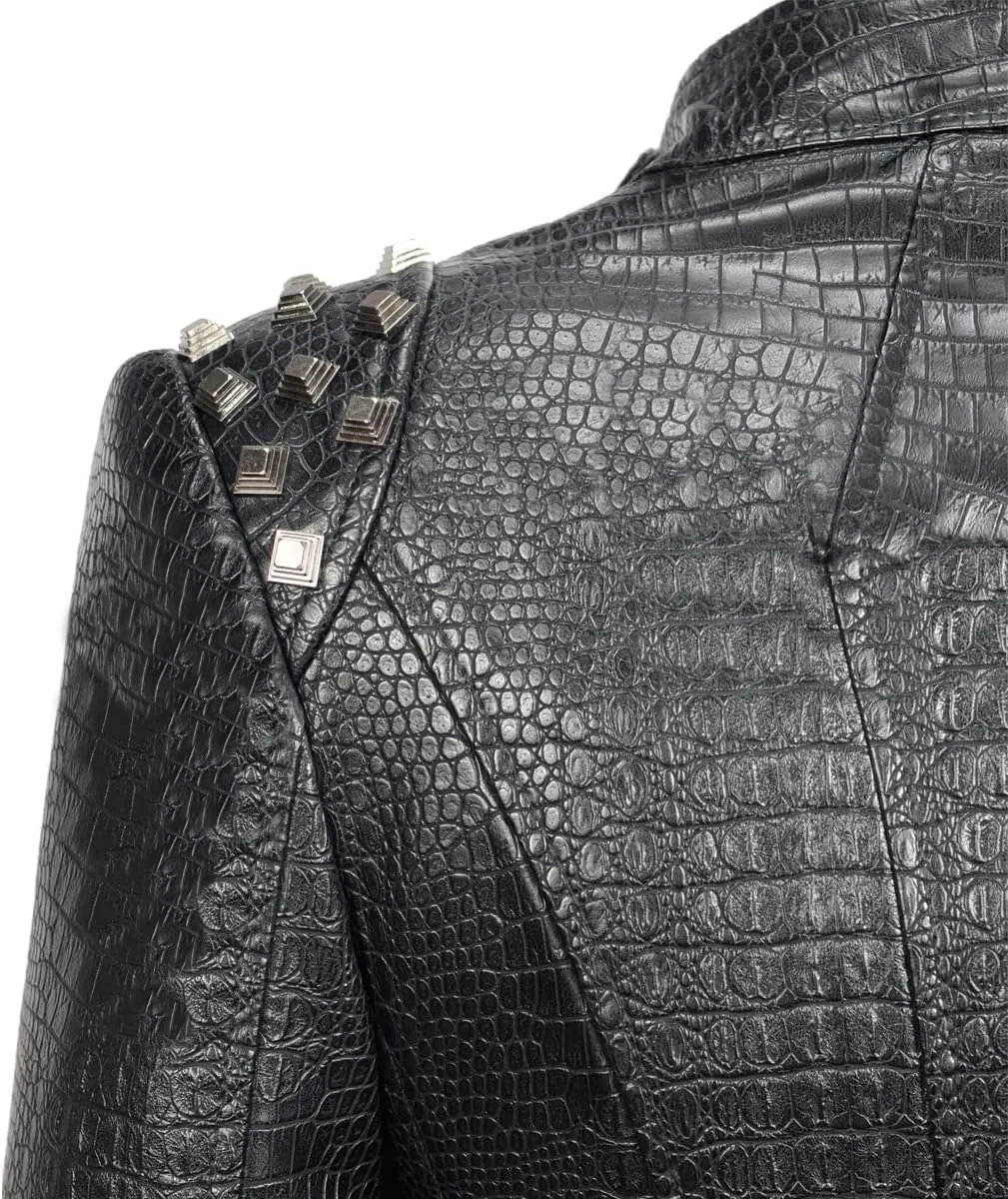 Fashion SX Women's Punk Studded Faux-alligator Print Pattern PU Leather Jackets Zipper Moto Biker Coat