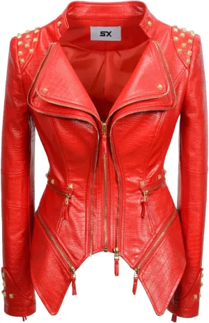 Fashion SX Women's Punk Studded Faux-alligator Print Pattern PU Leather Jackets Zipper Moto Biker Coat