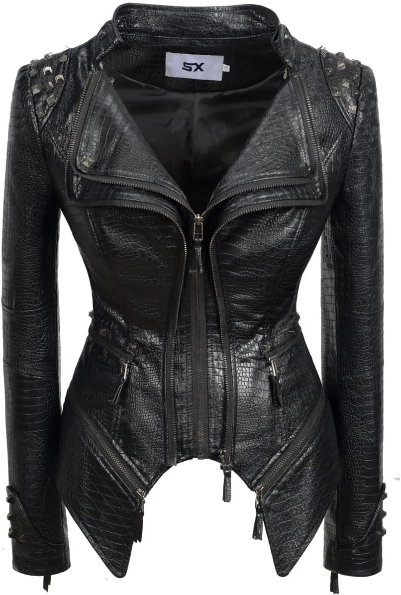 Fashion SX Women's Punk Studded Faux-alligator Print Pattern PU Leather Jackets Zipper Moto Biker Coat