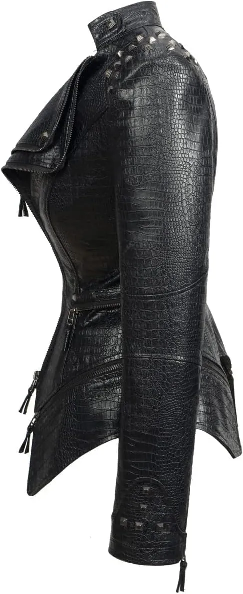 Fashion SX Women's Punk Studded Faux-alligator Print Pattern PU Leather Jackets Zipper Moto Biker Coat