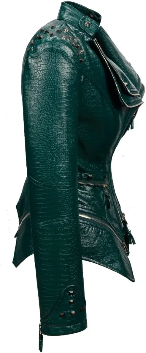 Fashion SX Women's Punk Studded Faux-alligator Print Pattern PU Leather Jackets Zipper Moto Biker Coat