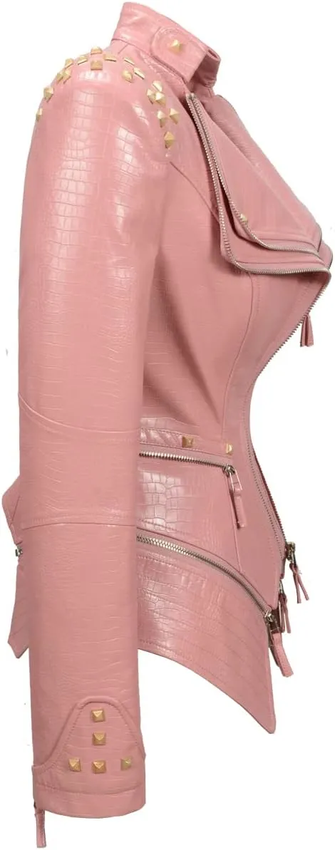 Fashion SX Women's Punk Studded Faux-alligator Print Pattern PU Leather Jackets Zipper Moto Biker Coat