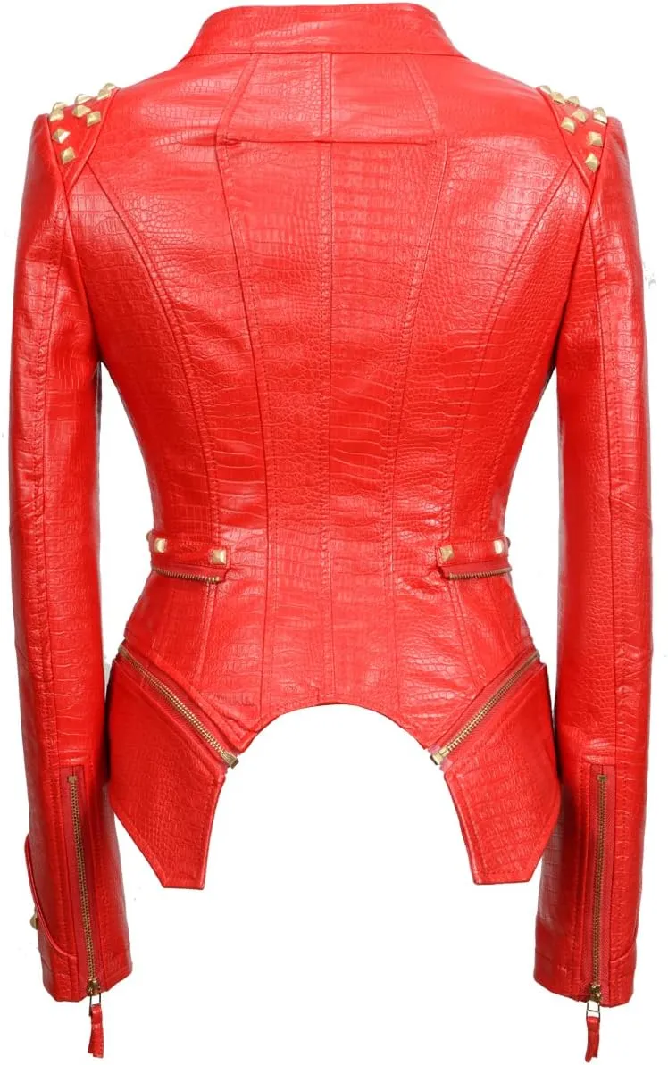 Fashion SX Women's Punk Studded Faux-alligator Print Pattern PU Leather Jackets Zipper Moto Biker Coat