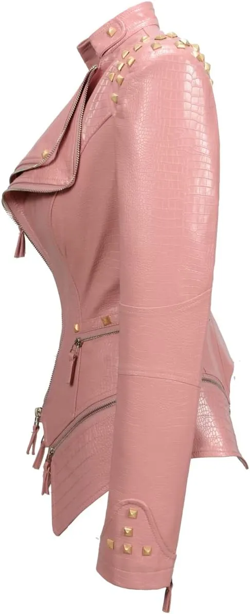 Fashion SX Women's Punk Studded Faux-alligator Print Pattern PU Leather Jackets Zipper Moto Biker Coat