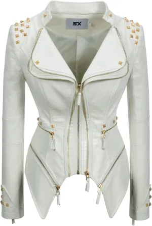 Fashion SX Women's Punk Studded Faux-alligator Print Pattern PU Leather Jackets Zipper Moto Biker Coat