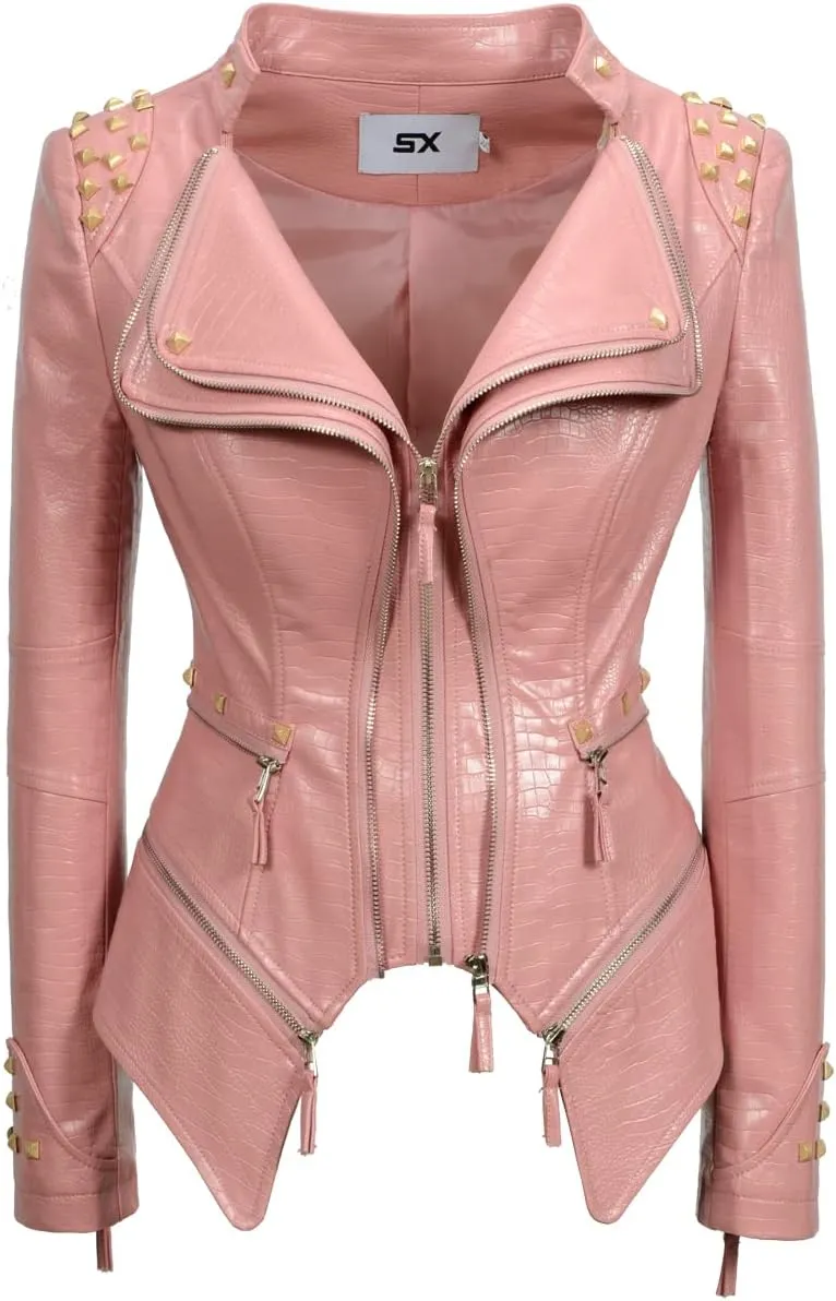 Fashion SX Women's Punk Studded Faux-alligator Print Pattern PU Leather Jackets Zipper Moto Biker Coat
