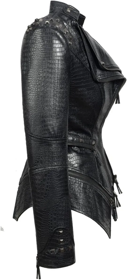 Fashion SX Women's Punk Studded Faux-alligator Print Pattern PU Leather Jackets Zipper Moto Biker Coat