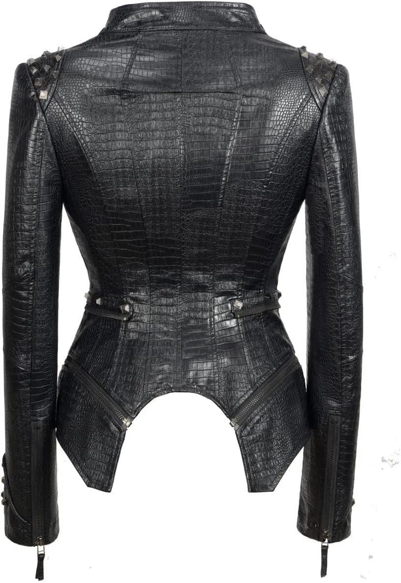 Fashion SX Women's Punk Studded Faux-alligator Print Pattern PU Leather Jackets Zipper Moto Biker Coat