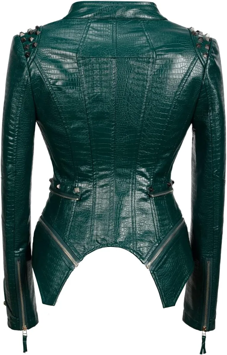 Fashion SX Women's Punk Studded Faux-alligator Print Pattern PU Leather Jackets Zipper Moto Biker Coat