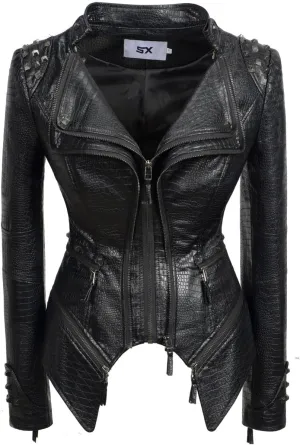 Fashion SX Women's Punk Studded Faux-alligator Print Pattern PU Leather Jackets Zipper Moto Biker Coat