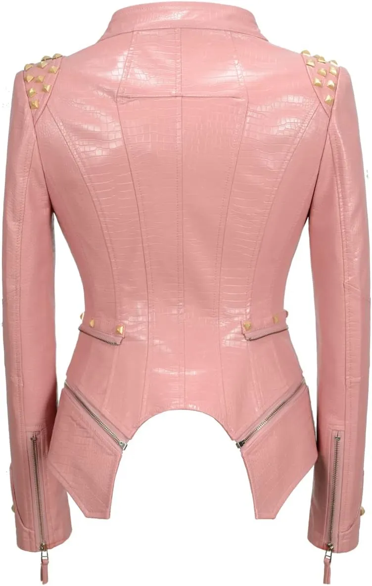 Fashion SX Women's Punk Studded Faux-alligator Print Pattern PU Leather Jackets Zipper Moto Biker Coat