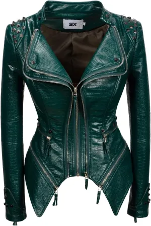 Fashion SX Women's Punk Studded Faux-alligator Print Pattern PU Leather Jackets Zipper Moto Biker Coat