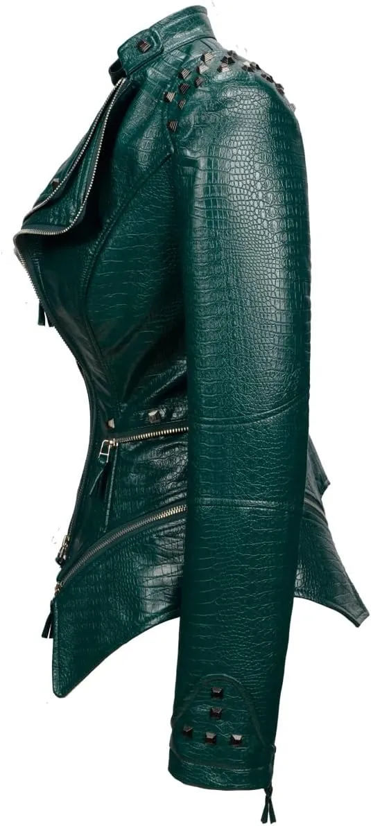Fashion SX Women's Punk Studded Faux-alligator Print Pattern PU Leather Jackets Zipper Moto Biker Coat