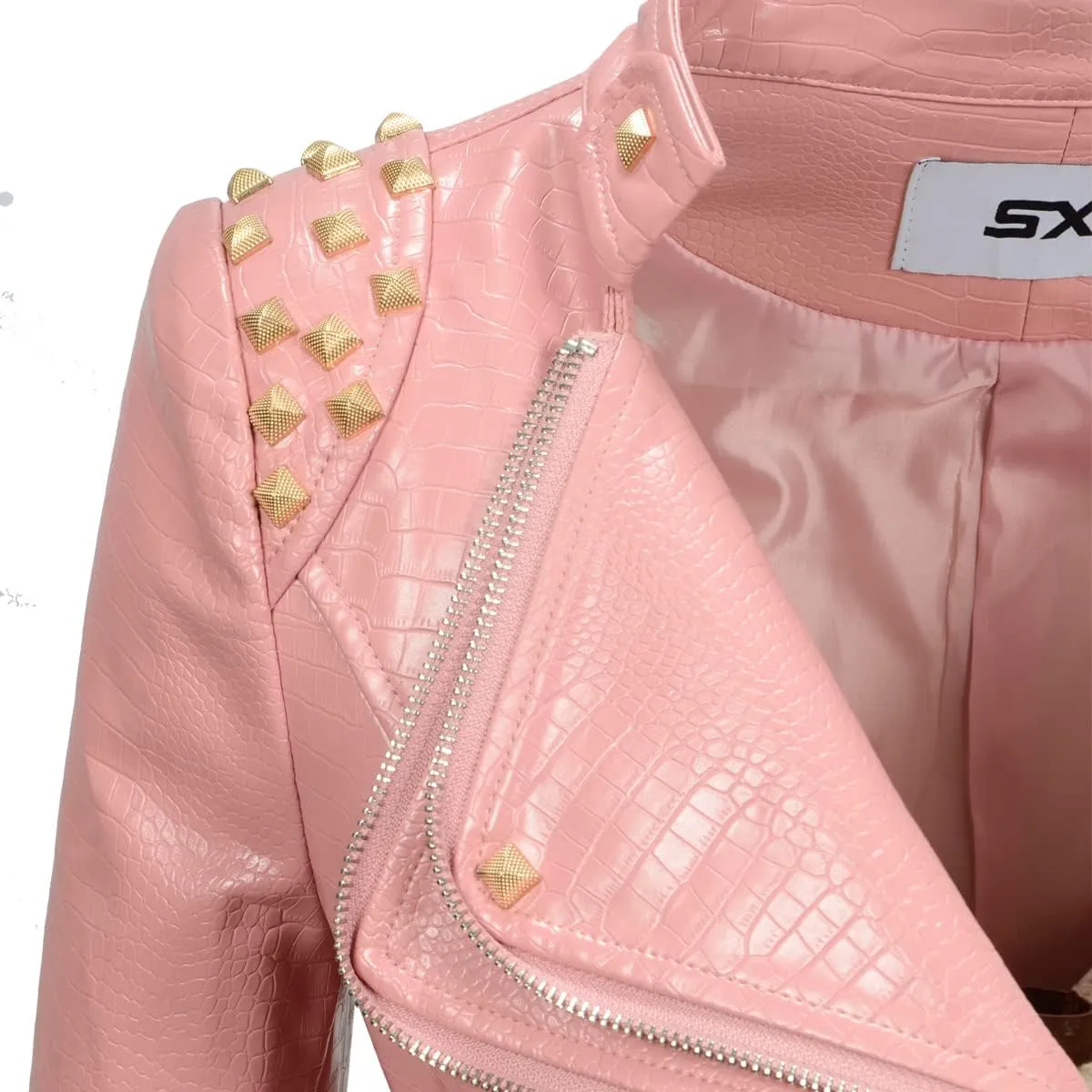 Fashion SX Women's Punk Studded Faux-alligator Print Pattern PU Leather Jackets Zipper Moto Biker Coat