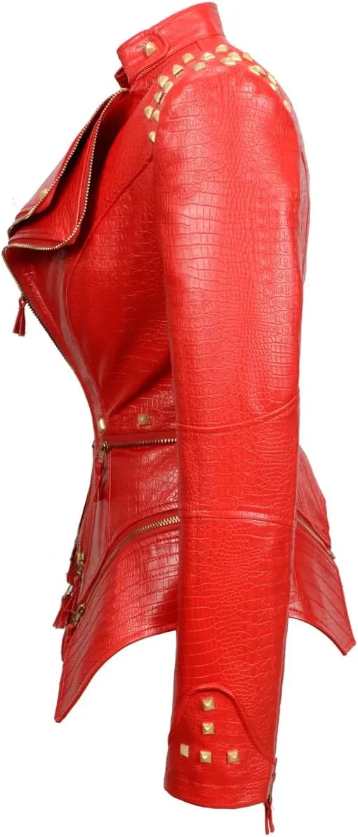 Fashion SX Women's Punk Studded Faux-alligator Print Pattern PU Leather Jackets Zipper Moto Biker Coat