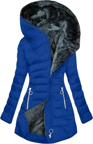 Faux Fur Hooded Down Coat for Women Trendy Full Zip Pocket Plush Casual Daily Y2k Loose Fit Warm Winter Cotton Jacket