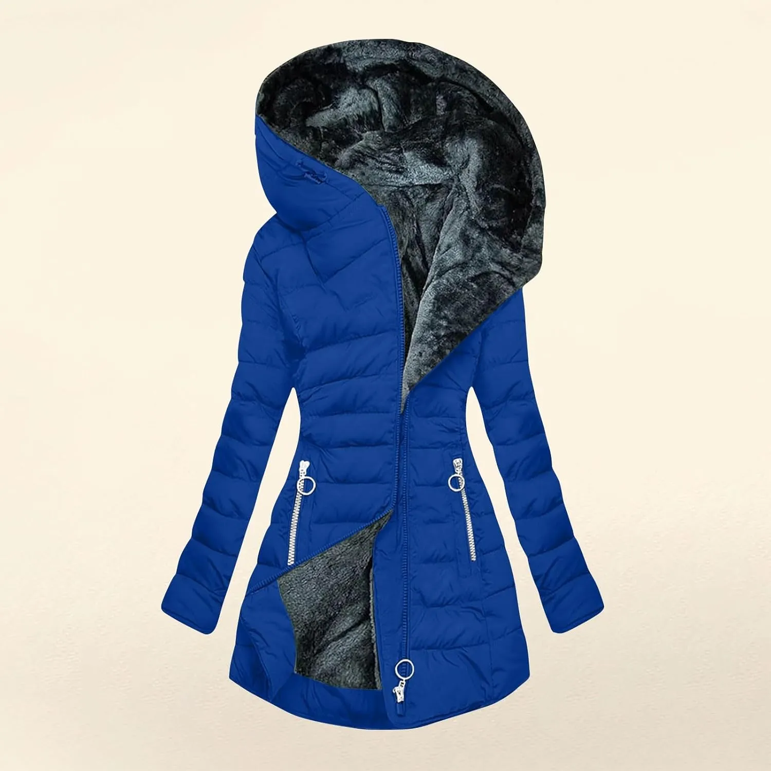 Faux Fur Hooded Down Coat for Women Trendy Full Zip Pocket Plush Casual Daily Y2k Loose Fit Warm Winter Cotton Jacket