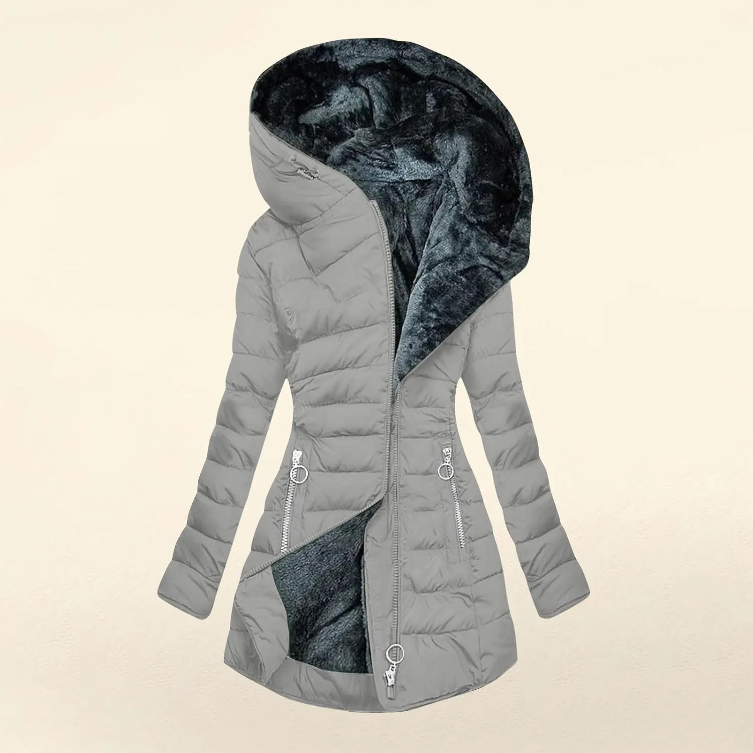 Faux Fur Hooded Down Coat for Women Trendy Full Zip Pocket Plush Casual Daily Y2k Loose Fit Warm Winter Cotton Jacket