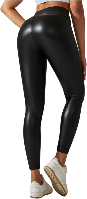 Faux Leather Leggings for Women Plus Size High Waist Pleather Pants Casual Slim Fit Elastic Waist Tights Trousers