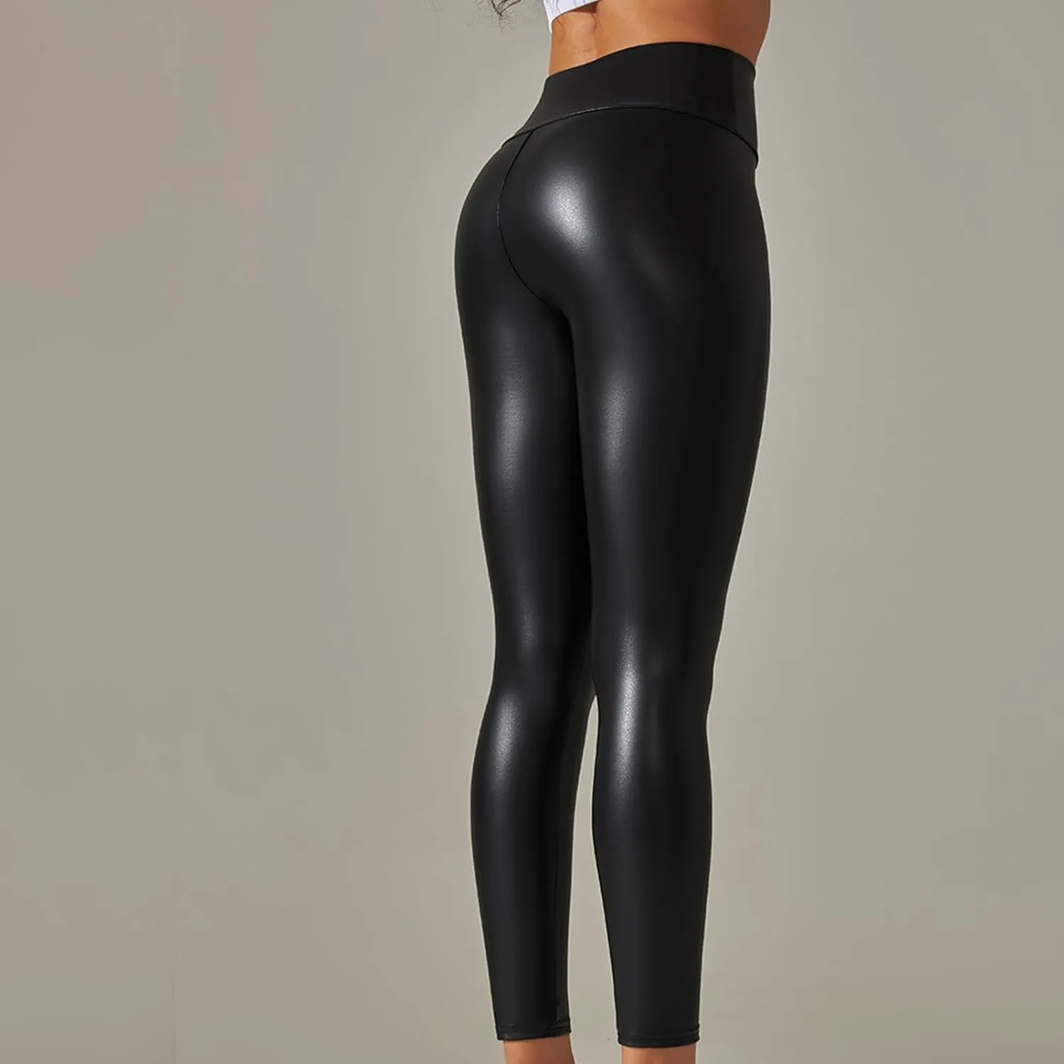 Faux Leather Leggings for Women Plus Size High Waist Pleather Pants Casual Slim Fit Elastic Waist Tights Trousers