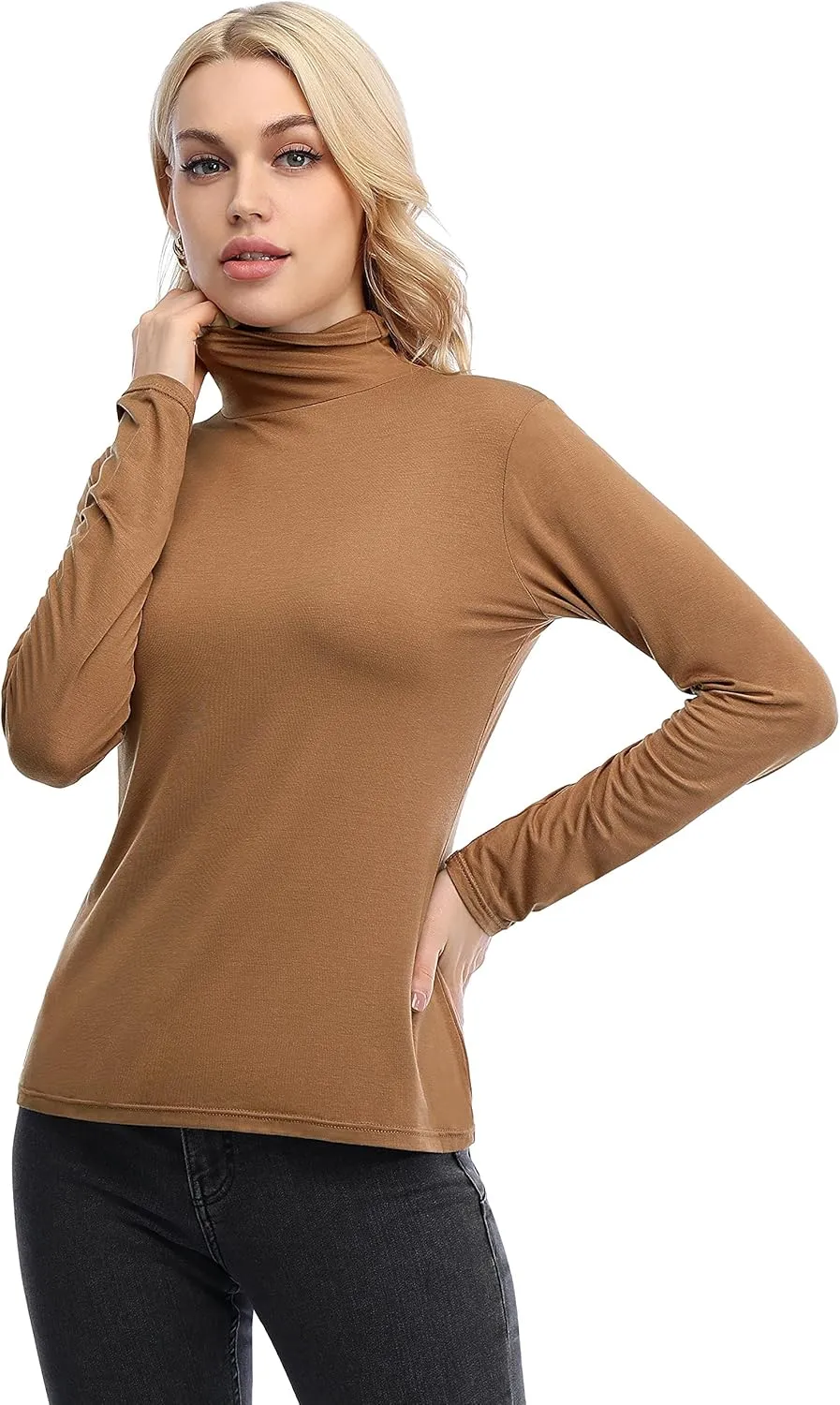 Femdouce Womens Turtleneck Long Sleeve Shirt Lightweight Slim Pullover Basic Undershirts Active Turtle Neck T-Shirts 2 Pack