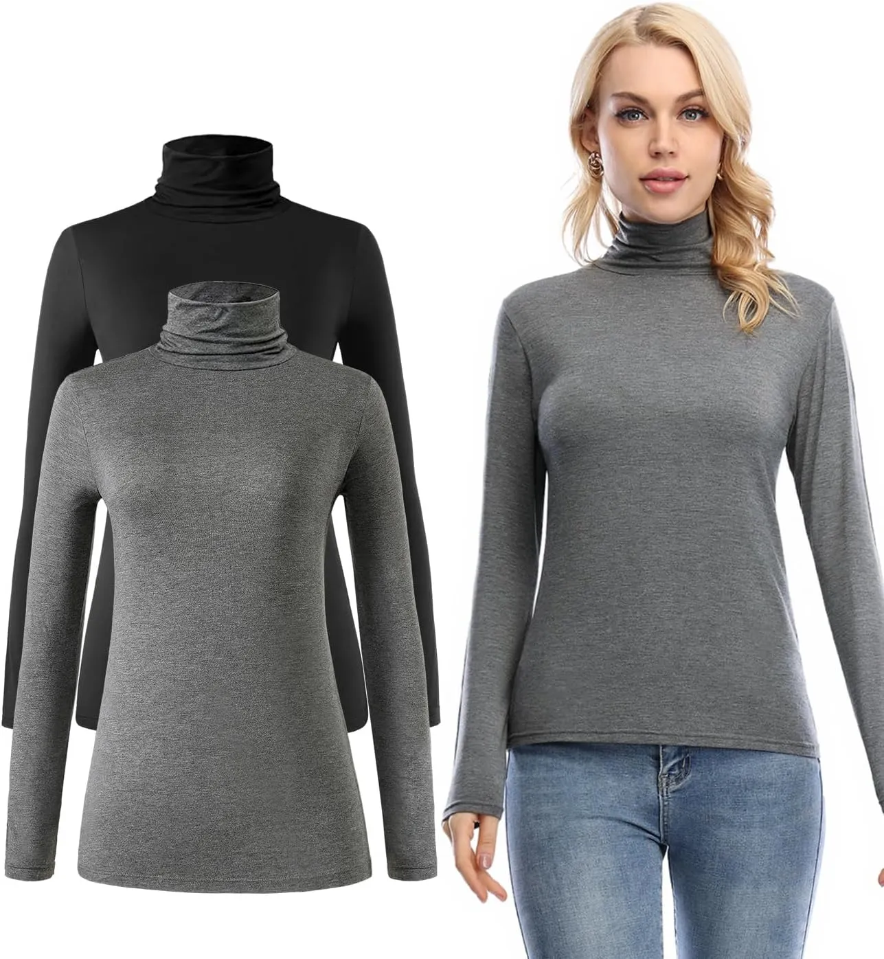 Femdouce Womens Turtleneck Long Sleeve Shirt Lightweight Slim Pullover Basic Undershirts Active Turtle Neck T-Shirts 2 Pack