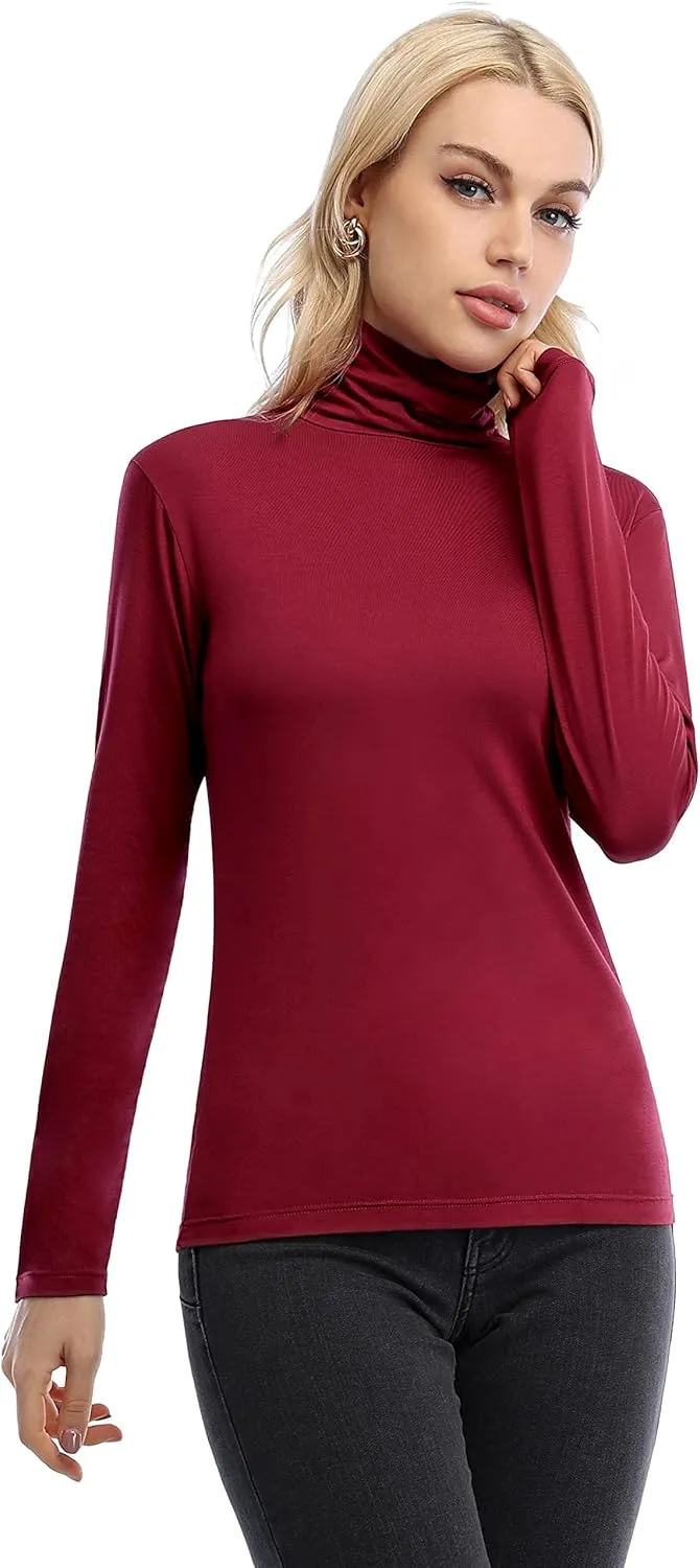 Femdouce Womens Turtleneck Long Sleeve Shirt Lightweight Slim Pullover Basic Undershirts Active Turtle Neck T-Shirts 2 Pack
