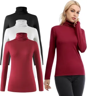 Femdouce Womens Turtleneck Long Sleeve Shirt Lightweight Slim Pullover Basic Undershirts Active Turtle Neck T-Shirts 2 Pack