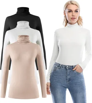 Femdouce Womens Turtleneck Long Sleeve Shirt Lightweight Slim Pullover Basic Undershirts Active Turtle Neck T-Shirts 2 Pack