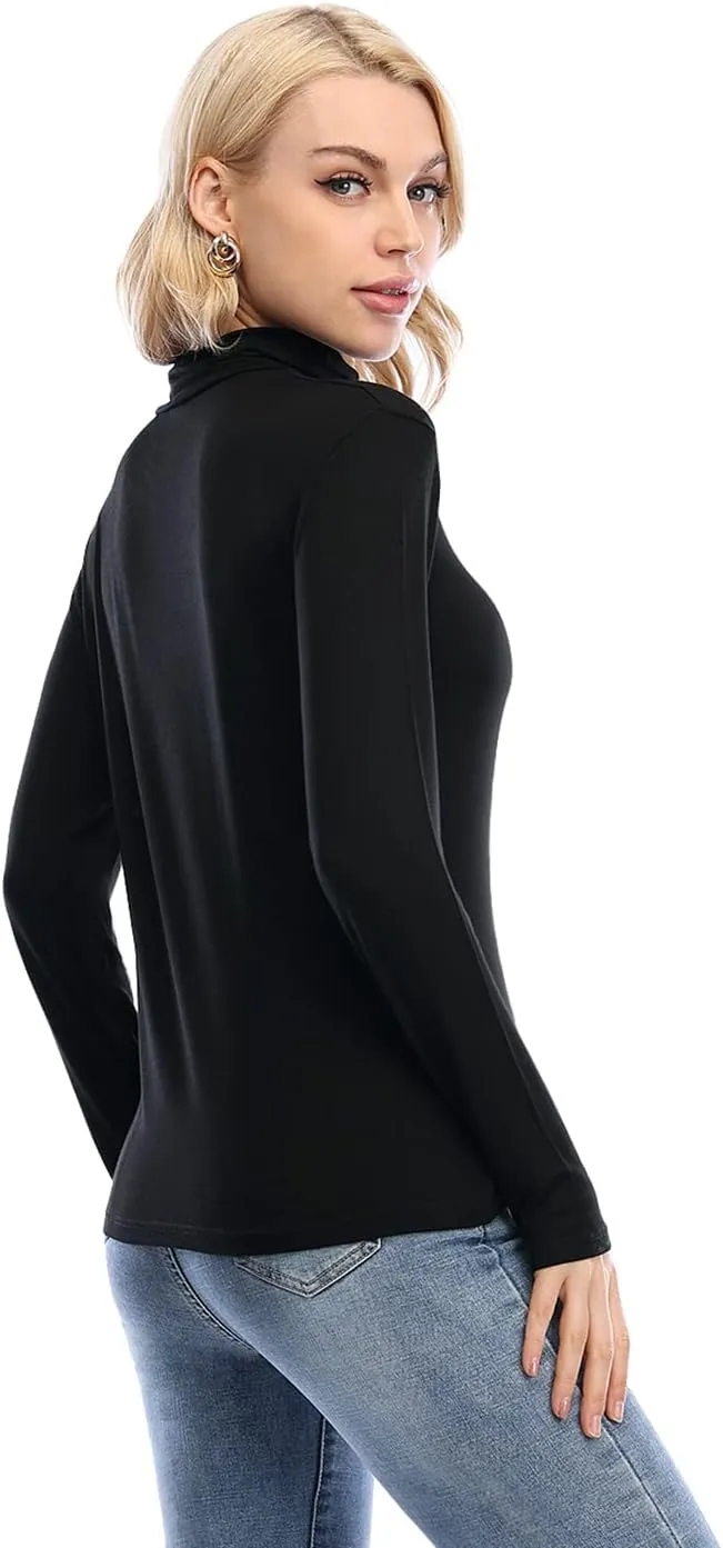 Femdouce Womens Turtleneck Long Sleeve Shirt Lightweight Slim Pullover Basic Undershirts Active Turtle Neck T-Shirts 2 Pack
