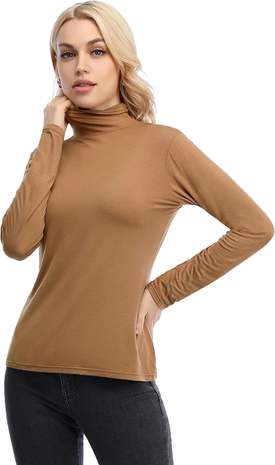 Femdouce Womens Turtleneck Long Sleeve Shirt Lightweight Slim Pullover Basic Undershirts Active Turtle Neck T-Shirts 2 Pack