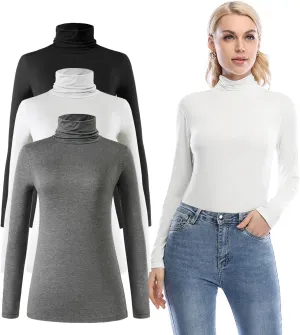 Femdouce Womens Turtleneck Long Sleeve Shirt Lightweight Slim Pullover Basic Undershirts Active Turtle Neck T-Shirts 2 Pack
