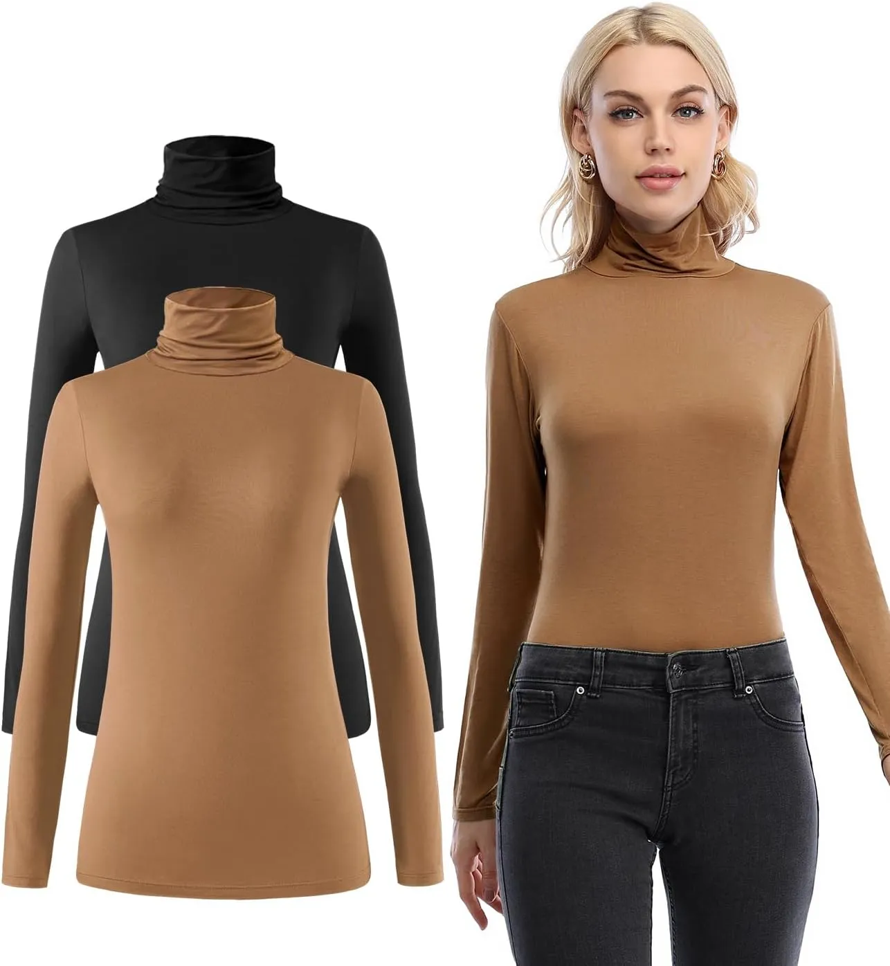 Femdouce Womens Turtleneck Long Sleeve Shirt Lightweight Slim Pullover Basic Undershirts Active Turtle Neck T-Shirts 2 Pack
