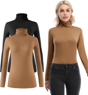 Femdouce Womens Turtleneck Long Sleeve Shirt Lightweight Slim Pullover Basic Undershirts Active Turtle Neck T-Shirts 2 Pack