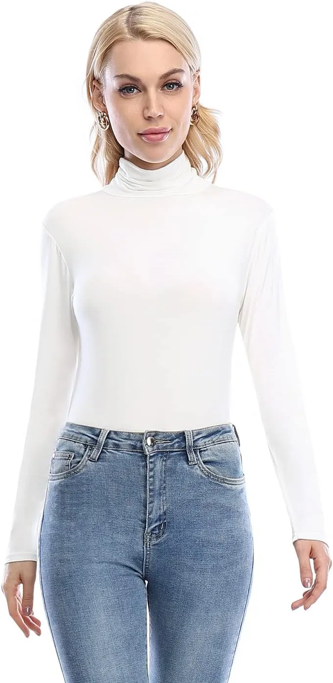 Femdouce Womens Turtleneck Long Sleeve Shirt Lightweight Slim Pullover Basic Undershirts Active Turtle Neck T-Shirts 2 Pack