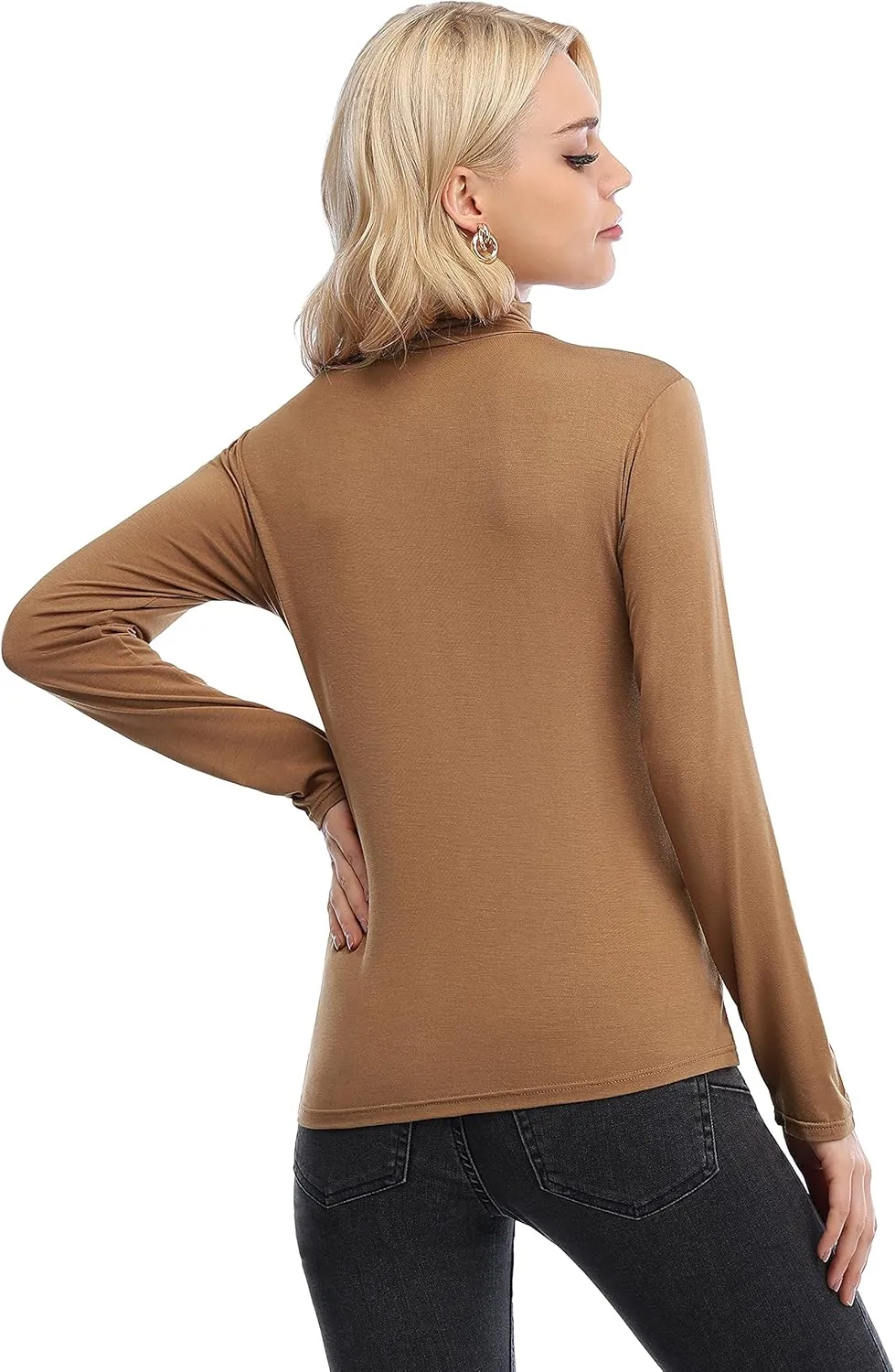 Femdouce Womens Turtleneck Long Sleeve Shirt Lightweight Slim Pullover Basic Undershirts Active Turtle Neck T-Shirts 2 Pack