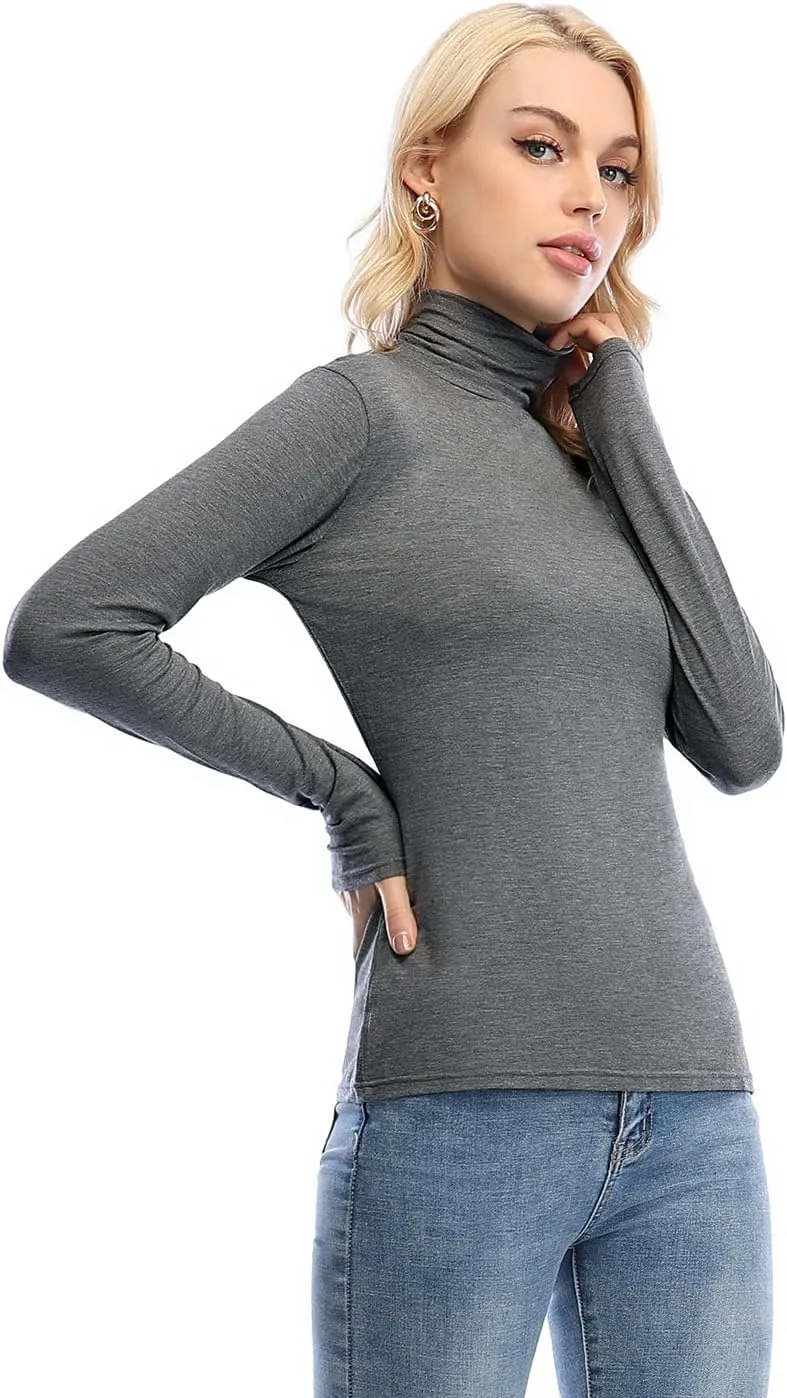 Femdouce Womens Turtleneck Long Sleeve Shirt Lightweight Slim Pullover Basic Undershirts Active Turtle Neck T-Shirts 2 Pack