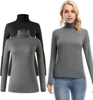 Femdouce Womens Turtleneck Long Sleeve Shirt Lightweight Slim Pullover Basic Undershirts Active Turtle Neck T-Shirts 2 Pack