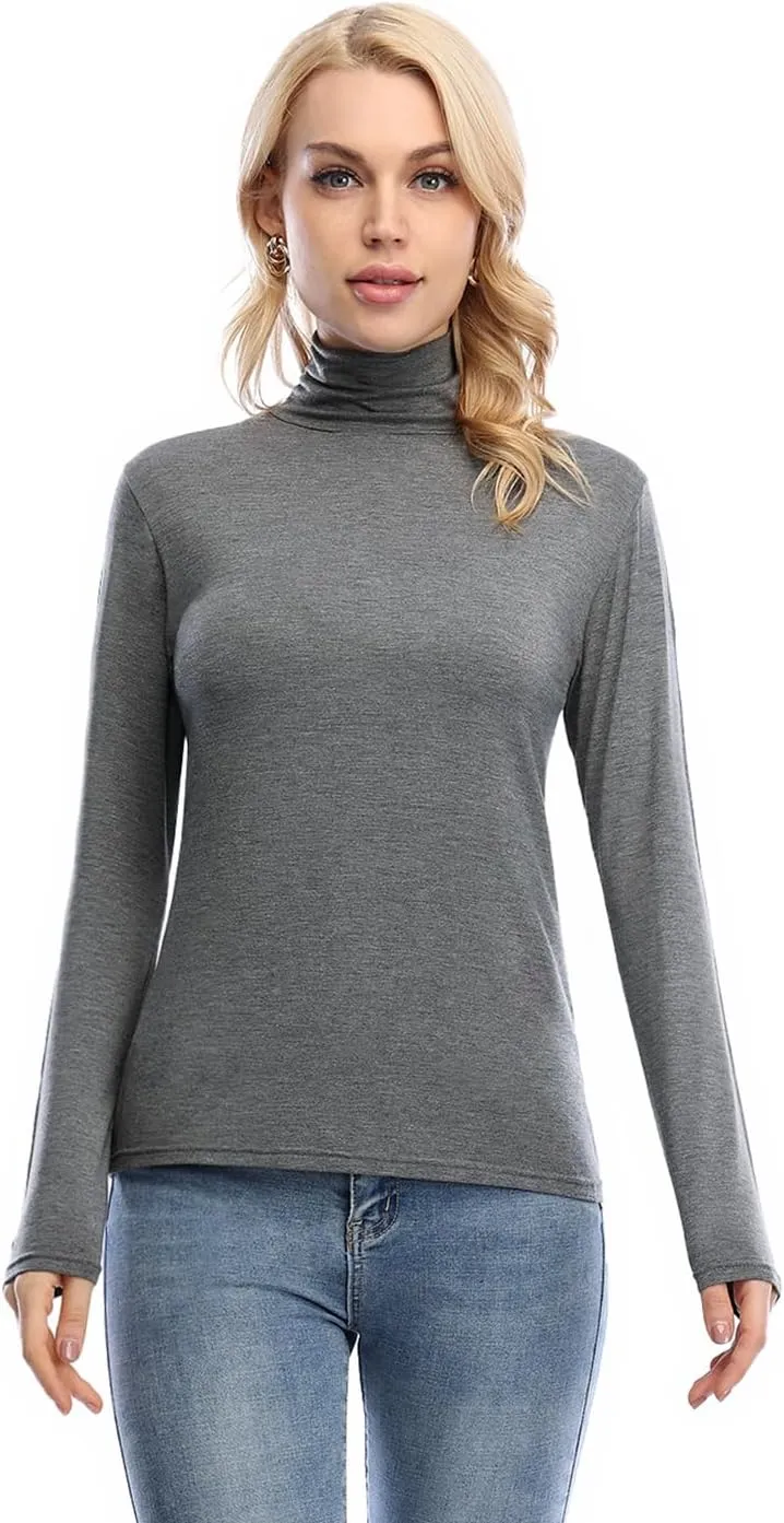 Femdouce Womens Turtleneck Long Sleeve Shirt Lightweight Slim Pullover Basic Undershirts Active Turtle Neck T-Shirts 2 Pack