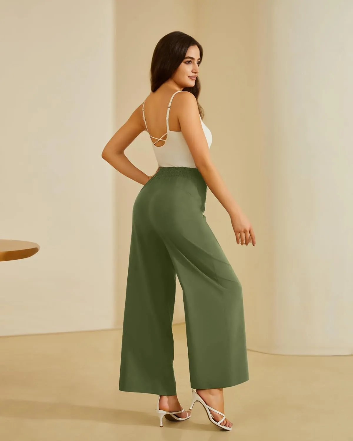 FireSwan Women's Wide Leg Work Pants High Elastic Waist Dress Palazzo Pants Trousers with Zipper Pockets