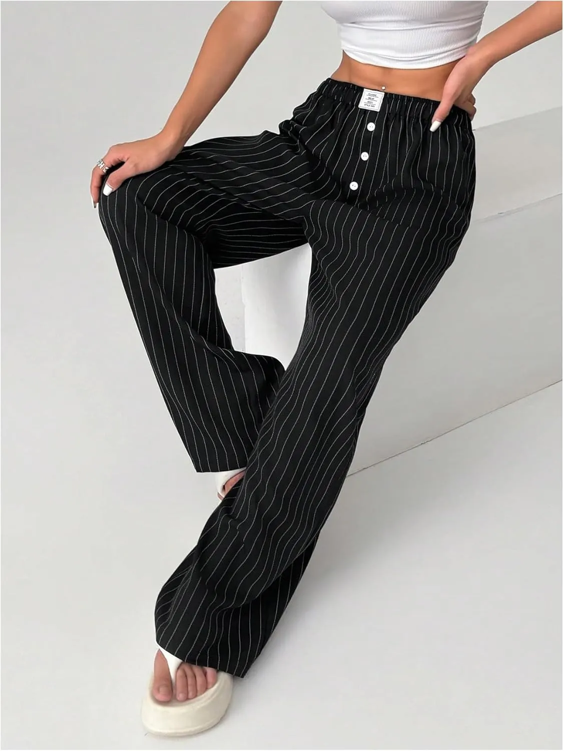 Floerns Women's Striped Elastic Waist Baggy Wide Leg Pants Button Street Long Pants